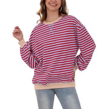 Larmliss Women Oversized Striped Sweatshirt Long Sleeve Crew Neck Casual Pullover Top Fall Y2K Trendy Clothes Red Gray