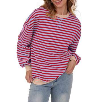 Larmliss Women Oversized Striped Sweatshirt Long Sleeve Crew Neck Casual Pullover Top Fall Y2K Trendy Clothes Red Gray