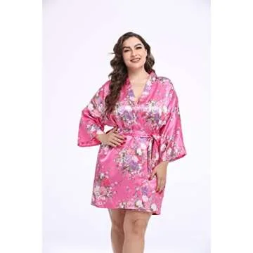 Womens Short Plus Size Satin Kimono Robes Soft Floral Robes Wedding Party Silky Sleepwear Bathrobes Pink 3X/4X