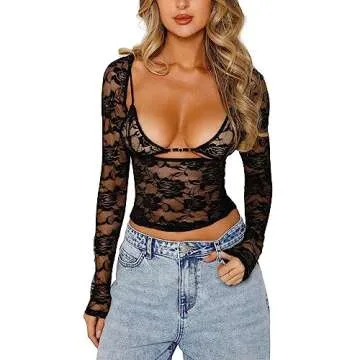 Women Y2k Lace Long Sleeve Crop Top Sexy Sheer See Through T Shirts Backless Slim Fit Going Out Tops(C 2pcs Black,Small)