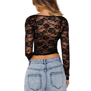 Women Y2k Lace Long Sleeve Crop Top Sexy Sheer See Through T Shirts Backless Slim Fit Going Out Tops(C 2pcs Black,Small)