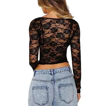 Women Y2k Lace Long Sleeve Crop Top Sexy Sheer See Through T Shirts Backless Slim Fit Going Out Tops(C 2pcs Black,Small)