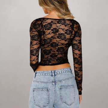 Women Y2k Lace Long Sleeve Crop Top Sexy Sheer See Through T Shirts Backless Slim Fit Going Out Tops(C 2pcs Black,Small)