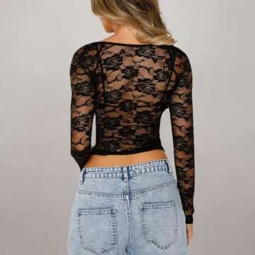 Women Y2k Lace Long Sleeve Crop Top Sexy Sheer See Through T Shirts Backless Slim Fit Going Out Tops(C 2pcs Black,Small)