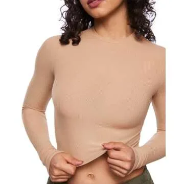 INLYRIC Women's Long Sleeve Crop Tops Crew Neck Ribbed Fitted Basic Fall Tops Tee Shirts Natural Large
