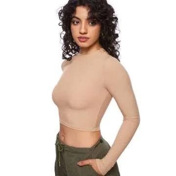 INLYRIC Women's Long Sleeve Crop Tops Crew Neck Ribbed Fitted Basic Fall Tops Tee Shirts Natural Large