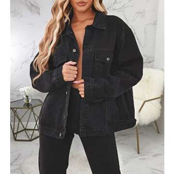 CHBAZH Black Jean Jackets for Women Fall Fashion Long Sleeve Oversized Denim Jacket(Black,M)