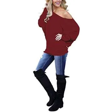 Lacozy Womens Fall Sweatshirt Off Shoulder Long Sleeve Knit Pullover Tops Trendy Casual Outfit Fashion 2024 Wind Red M