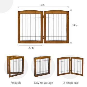 LZRS 2-Panel Freestanding Foldable Wood Dog Gate – Solid Wood & Steel Wire, Chew-Resistant Pet Barrier for Indoor Use, Ideal for Small to Medium Dogs, Cherry