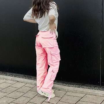 Viatabuna High Waisted Cargo Pants for Women Baggy Y2k Straight Wide Leg Pants with Pockets Streetwear A-Pink