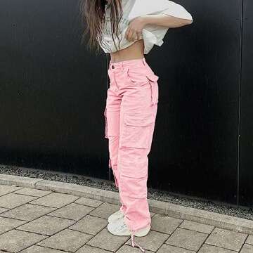 Viatabuna High Waisted Cargo Pants for Women Baggy Y2k Straight Wide Leg Pants with Pockets Streetwear A-Pink