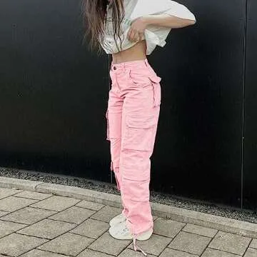 Viatabuna High Waisted Cargo Pants for Women Baggy Y2k Straight Wide Leg Pants with Pockets Streetwear A-Pink