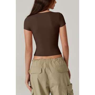 QINSEN Crop Tops for Women V Neck Short Sleeve T Shirts Summer Y2K Going Out Top, Coffee Bean Large