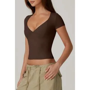 QINSEN Crop Tops for Women V Neck Short Sleeve T Shirts Summer Y2K Going Out Top, Coffee Bean Large