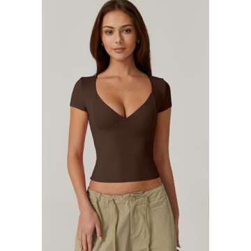 QINSEN Crop Tops for Women V Neck Short Sleeve T Shirts Summer Y2K Going Out Top, Coffee Bean Large