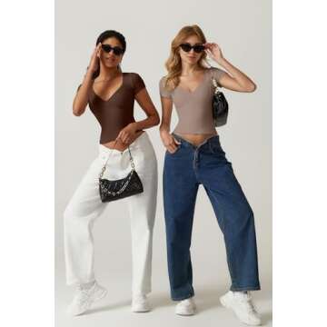 QINSEN Crop Tops for Women V Neck Short Sleeve T Shirts Summer Y2K Going Out Top, Coffee Bean Large