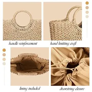Women Summer Straw Beach Bag and 4 Pairs Rattan Earrings Set Rattan Tote Bags Hand Woven Top Handle Handbag Boho Straw Wicker Braid Hoop Drop Dangle Earrings for Beach Vacation Outfits