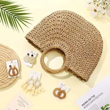 Women Summer Straw Beach Bag and 4 Pairs Rattan Earrings Set Rattan Tote Bags Hand Woven Top Handle Handbag Boho Straw Wicker Braid Hoop Drop Dangle Earrings for Beach Vacation Outfits