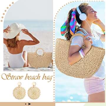 Women Summer Straw Beach Bag and 4 Pairs Rattan Earrings Set Rattan Tote Bags Hand Woven Top Handle Handbag Boho Straw Wicker Braid Hoop Drop Dangle Earrings for Beach Vacation Outfits