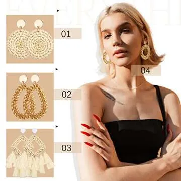 Women Summer Straw Beach Bag and 4 Pairs Rattan Earrings Set Rattan Tote Bags Hand Woven Top Handle Handbag Boho Straw Wicker Braid Hoop Drop Dangle Earrings for Beach Vacation Outfits