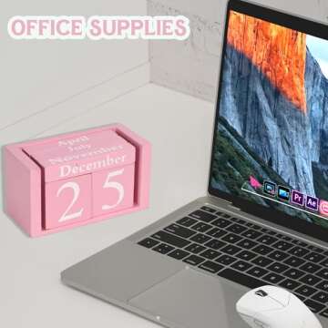 MICKYU Wooden Perpetual Block Calendar for Desk, Aesthetic Office Supplies, Rustic Farmhouse Decor, Cute Teacher Desk Accessories, Shelf Decor for Classroom, Pink