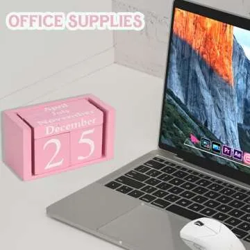 MICKYU Wooden Perpetual Block Calendar for Desk, Aesthetic Office Supplies, Rustic Farmhouse Decor, Cute Teacher Desk Accessories, Shelf Decor for Classroom, Pink