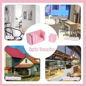 MICKYU Wooden Perpetual Block Calendar for Desk, Aesthetic Office Supplies, Rustic Farmhouse Decor, Cute Teacher Desk Accessories, Shelf Decor for Classroom, Pink