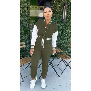 AIIYYQB Womens Two Piece Tracksuit Button Down Cropped Varsity Jacket Pants Set Jogger Sweatsuit