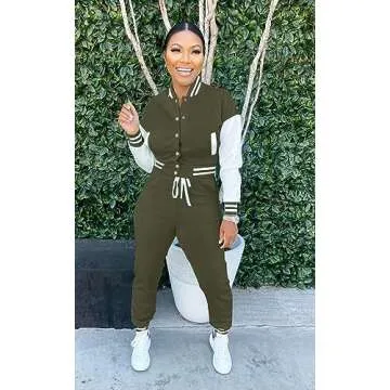 AIIYYQB Womens Two Piece Tracksuit Button Down Cropped Varsity Jacket Pants Set Jogger Sweatsuit