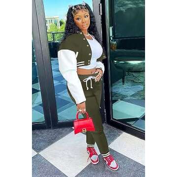 AIIYYQB Womens Two Piece Tracksuit Button Down Cropped Varsity Jacket Pants Set Jogger Sweatsuit