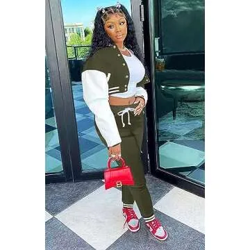 AIIYYQB Womens Two Piece Tracksuit Button Down Cropped Varsity Jacket Pants Set Jogger Sweatsuit