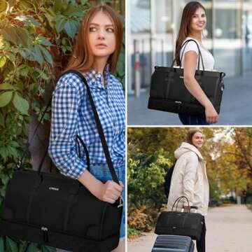 ETRONIK Weekender Overnight Bags for Women, Large Travel Duffle Bag with Shoe Compartment & Wet Pocket, Carry On Tote Bag Gym Duffel Bag with Toiletry Bag for Hospital 4 Pcs Set, Large Size, Black