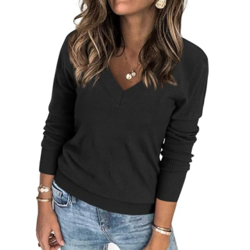 ATHMILE Women's Fall Tops 2025 Trendy V Neck Pullover Sweater in Black