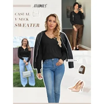 ATHMILE Stylish V Neck Women's Sweater for Fall Fashion