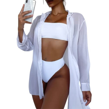 SHENHE Women's Sheer Button Up Long Sleeve Beach Kimono Cover Up Shirt Sun Dresses White L