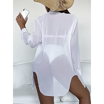 SHENHE Women's Sheer Button Up Beach Kimono Cover Up