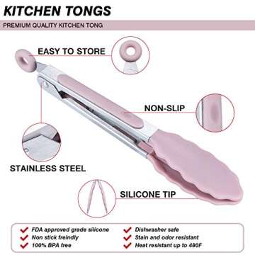 MSY BIGSUNNY Kitchen Food Tongs - 7" Mini Silicone Serving Tongs - Set of 3 (Pink)