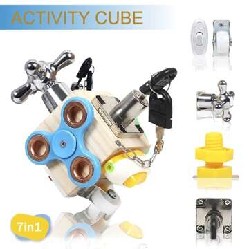 Xylolin Montessori Busy Activity Cube for Kids, Travel Toy Wooden Busy Board Sensory Toy for Toddler...