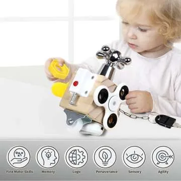 Xylolin Montessori Busy Activity Cube for Kids, Travel Toy Wooden Busy Board Sensory Toy for Toddlers, Fidget Toy Cube Educational Toy for Learning Life Skills