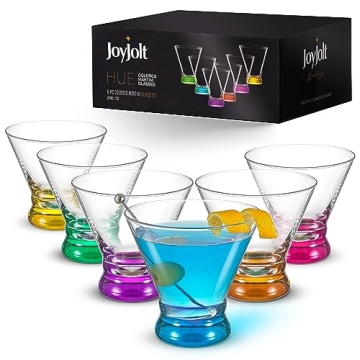 JoyJolt HUE Martini Glasses (7oz) Cocktail Glassware Set of 6, Colored Glass Base. Drinking Glasses, Cocktail Glasses, Stemless Margarita Glasses, Bar Glasses, Shrimp Cocktail Glasses, Juice Glasses