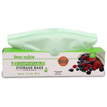 Responsible Products Certified Compostable GALLON Resealable Zip Bag, Extra Strength Food Bags, Plant-Based Freezer-Safe (25 Pack)