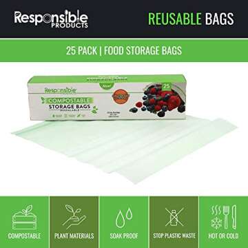 Responsible Products Certified Compostable GALLON Resealable Zip Bag, Extra Strength Food Bags, Plant-Based Freezer-Safe (25 Pack)