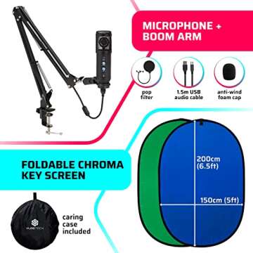 Vlogging Kit for iPhone, Desktop, Android, 10" 5ft+ Ring Light, Microphone & Boom arm, 6.5ft Background Blue & Green Screen, Portable Vlogging Kit, 1080p Webcam, and Many More! $300+ Value