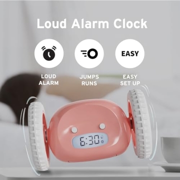CLOCKY Extra Super Loud Alarm Clock for Heavy Sleepers Adults Kids Teens Bedroom, Move Jump Roll Run Away Easy to Set Smart Digital Alarm Clock on Wheels -Funny Gag Gift (Pink)