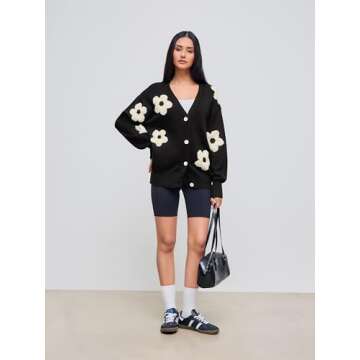 CIDER Womens Cardigan V Neck Floral Cardigan for Women Knit Button Down 2024 Fall Black