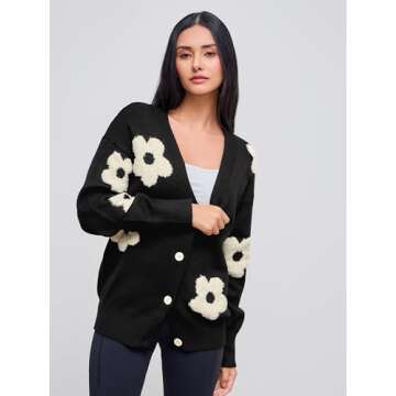 CIDER Womens Cardigan V Neck Floral Cardigan for Women Knit Button Down 2024 Fall Black