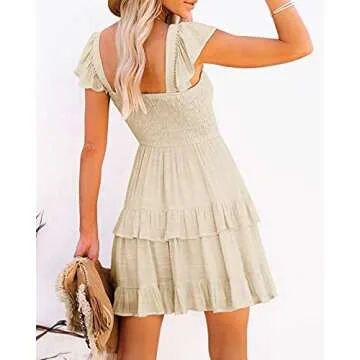 Fessceruna Ruffle Mini Dresses for Womens Layered Elegant Flare Drape A-line Swing Flowy Midi Dress Summer A-Beige