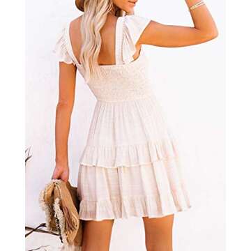 Fessceruna Ruffle Mini Dresses for Womens Layered Elegant Flare Drape A-line Swing Flowy Midi Dress Summer A-Beige