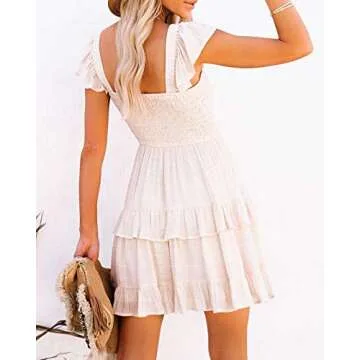 Fessceruna Ruffle Mini Dresses for Womens Layered Elegant Flare Drape A-line Swing Flowy Midi Dress Summer A-Beige