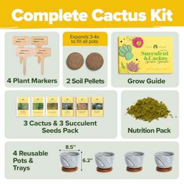 HOME GROWN Deluxe Succulent & Cactus Seed Grow Kit - Complete Indoor Cactus & Succulent Kit, Ceramic Succulent Pots, Water Drip Trays & Grow Guide